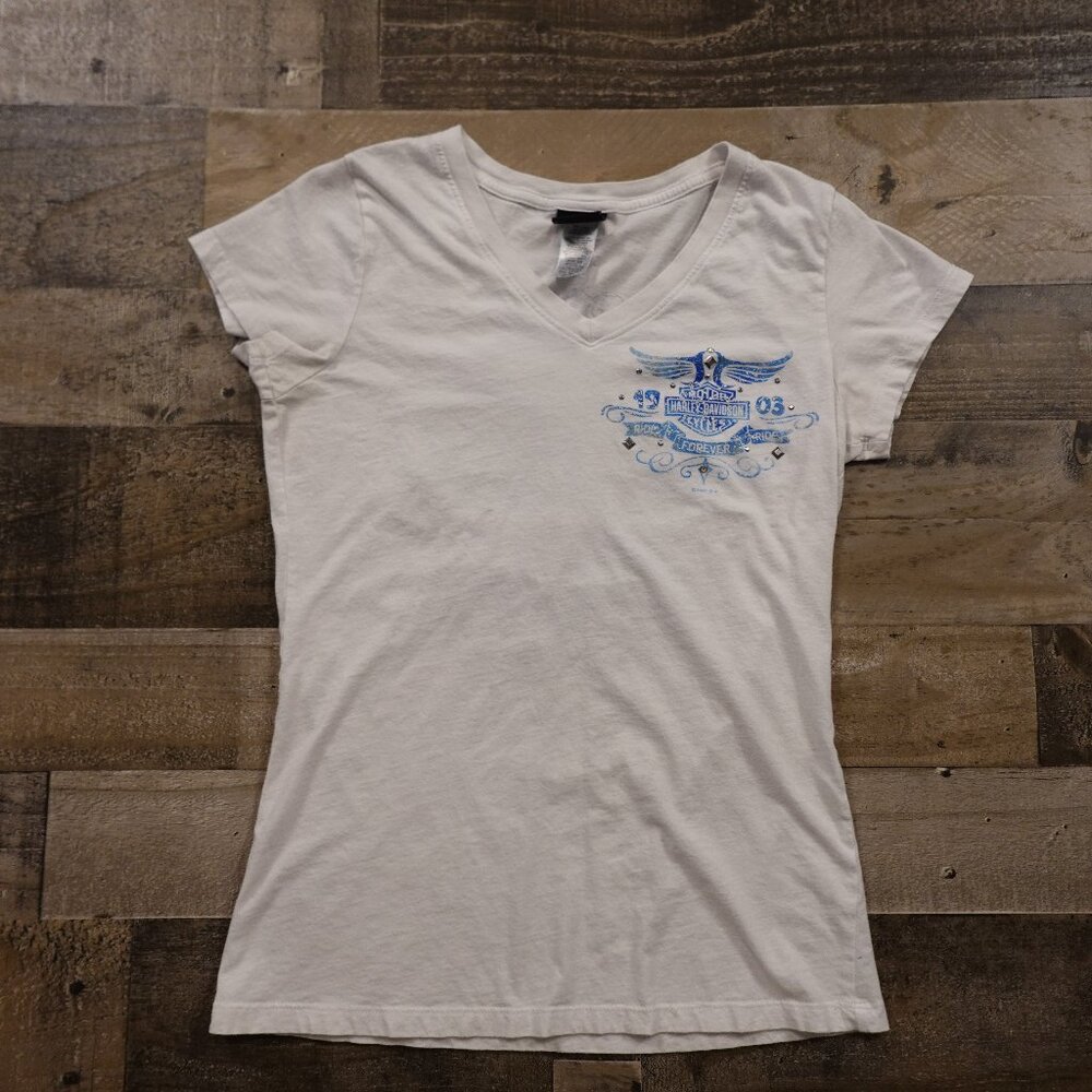 Harley-Davidson V-Neck Tee Women’s Medium White Tinley Park IL Biker Chicago